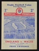 1937 England (Grand Slam) v Wales rugby programme - The 50th Championship season which was won by