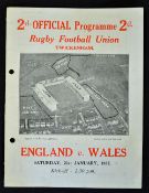 1933 England v Wales rugby programme - played on Saturday 21st January this being Wales 1st