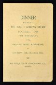 1931 South Africa v Durham rugby signed Dinner Menu dated 24/10/1931 at the Palatine Hotel,