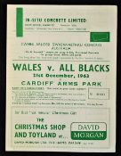 Rare 1963 Wales v All Blacks (New Zealand) rugby song sheet - played at Cardiff Arms Park on 21st