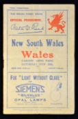 1927 Wales v New South Wales Waratahs rugby programme - later recognised as a full international