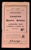 Scarce 1961 Leinster v South Africa rugby programme - played at Lansdowne Road on Wednesday 1st