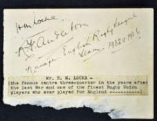 HM Locke England and Birkenhead rugby player signed album page - c/w typed label which reads 