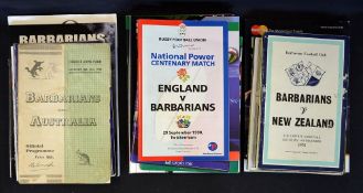 33x Barbarians Rugby programmes from 1948 onwards to incl 12 v Australia  '48, '58, '67, '76, '