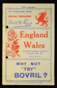 1936 Wales (Champions) v England rugby programme - played at St Helens Ground Swansea on 18th