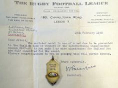 Rare 1947/48 International Rugby League Championship Players silver winners medal: Engraved to