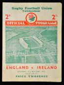 1939 England v Ireland (runners up) rugby programme - played on Saturday 11th February - 3