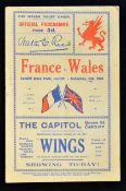 1929 Wales (Runners up) v France rugby programme - played at Cardiff Arms Park Saturday 23rd