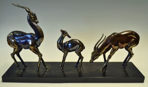 Large French marble based three Deer display ornament featuring 3 different Spelter Deers mounted on