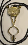 Victorian ladies brass tennis skirt lifter - embossed slide c/w cord, missing one damper