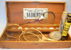 Badminton Set - large Victorian pine box c/w hinged lid to reveal makers label 