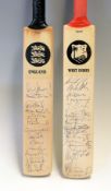 2x official England and West Indies miniature signed cricket bats c1990s - both signed in ink to