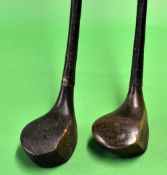 2x scare neck brassies - The Forth Rubber Co Edinburgh dark stained bulger brassie and a J