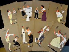 1906 Set of 8x original tennis mixed doubles cartoon sketches - pen, water colour and mix media