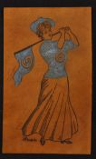 Rare and interesting USA leather golfing postcard c1920s - depicting Girl Golfer - unused (G)