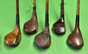 5x various socket head brassies/spoon - to incl W. Park Pat spoon with deep ridge brass sole