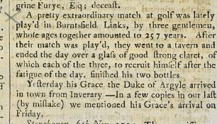 1759 The Edinburgh Evening Courant Golf Announcement - dated Tuesday, November 13th 1759,
