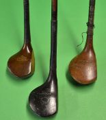 3x good late scare neck woods to incl R Forgan Crown stamped driver, a decoratively stamped C