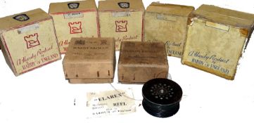 BOXES & SPOOL: Seven Hardy empty card reel boxes, 5 x cream boxes, Elarex, St Andrew, 3-3/4