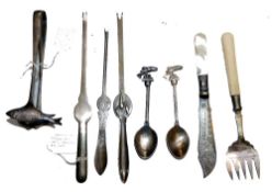 PLATED TABLE WARE: Assortment of EP silverware, incl. sardine or anchovy tongs, three lobster picks,