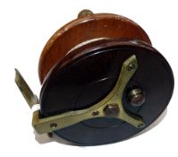 REEL: Unusual Bakelite/mahogany/brass Y back Nottingham reel, 4