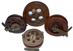 REELS: (4) Collection of wood & brass Scarborough pattern sea reels, 5