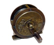 REEL: Original Reuben Heaton fishing scene brass reel, 2.5
