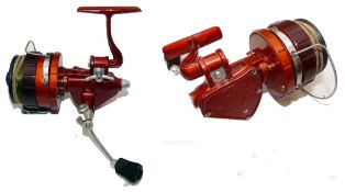 REEL: Rare Mepps Super Meca French spinning reel in metallic orange colour, folding foot assembly,