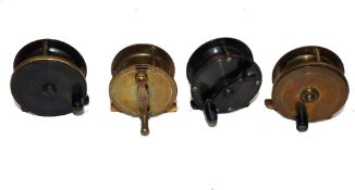 REELS: (4) Four all brass trout fly reels, an Effzett 495 double pillar crank wind reel with
