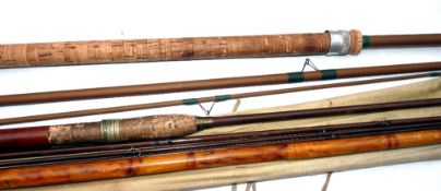 RODS: (2) Decorative greenheart 9' 3 piece + correct spare tip fly rod, bronze ferrule, black