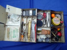 ACCESSORIES: Carter & Co., black japanned cantilever tackle box measuring 10