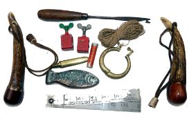 ACCESSORIES: Victorian brass hinged clearing ring with cord, Pike disgorger with wood handle,