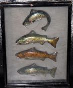 CAST FISH: Unusual vintage glazed and framed set of 4 x hand painted plaster cast small game fish,