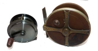 REELS: (2) Alfred & Co, 50 Moorgate St London, ebonite and brass fishtail starback reel, details