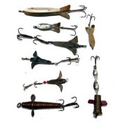 LURES: (8) Three early Hearder of Plymouth named metal baits, 1