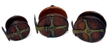 REELS: (3) Collection of 3 early mahogany/brass fish tail Nottingham reels, 4