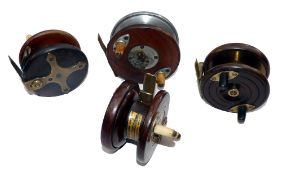 REELS: (4) Slater pattern mahogany star back reel, Brighton Fishing Stores gilt transfer to drum