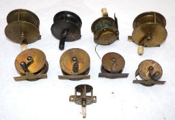 REELS: (9) Collection of 9 brass crank wind reels, in sizes 1.25
