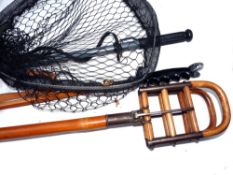 ACCESSORIES: (4) Vintage bamboo/steel/cane shooting stick with folding seat, 24