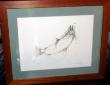 PRINT: Robin Armstrong, signed pencil drawn print of a trout leaping to fly, double mount board,