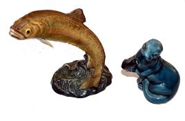 CERAMICS: (2) Beswick Trout model 1032, mounted over green wash base, standing 7
