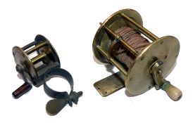 REELS: (2) Early sliding pin lock stop brass winch, 2.25