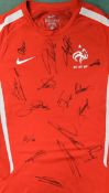 Signed 2011-2012 France Training football shirt, Benzema, Cabaye, Clichy, Debucy, Evra, Koscielny,
