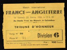 1956 France v England rugby match ticket (match postponed) dated 25th February at Colombes, Row