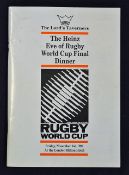 1991 The Heinz Eve of Rugby World Cup Final Dinner Menu dated 1st November at the London Hilton