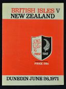 1971 British Lions v New Zealand rugby programme 1st Test played 26th June at Dunedin, British Lions