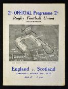 1932 England v Scotland rugby programme played 19th March at Twickenham, single sheet, with tear