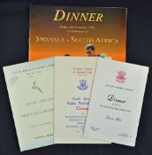 4x various South Africa UK rugby tour Welsh team dinner menus from 1960 onwards to incl v Swansea '