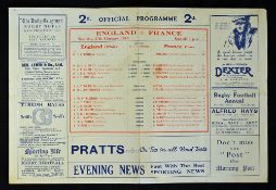 1926 England v France rugby programme played 27th February at Twickenham, England winning 11-0,