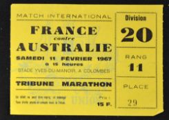 1967 France v Australia rugby match ticket played 11th February at Colombes, row 11, place 29